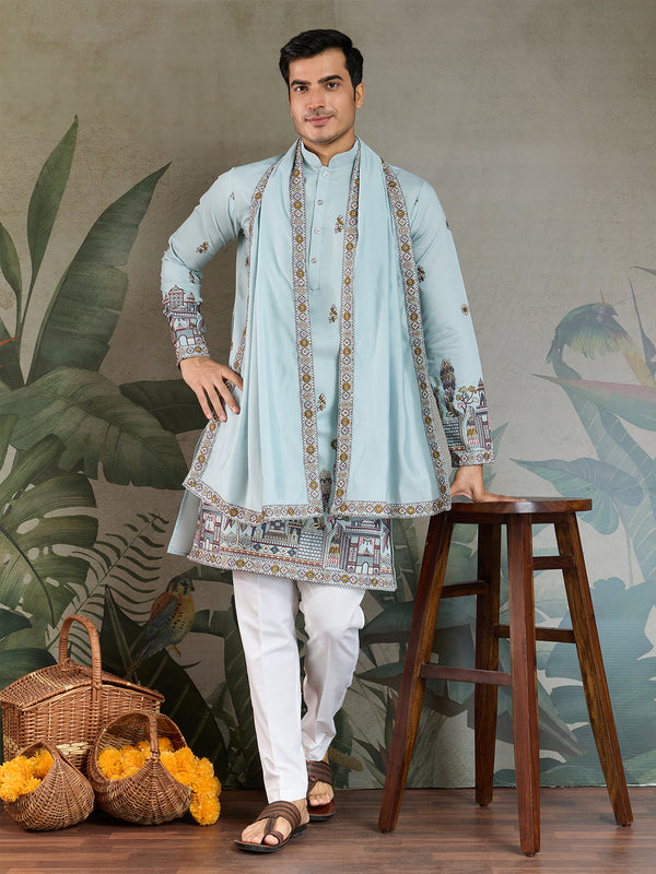 Sky Blue Viscose Silk Embroidered Men's Wedding Kurta