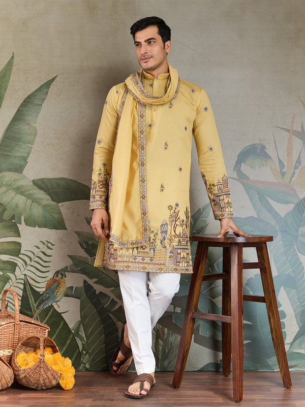 Yellow Viscose Silk Embroidered Kurta for Men – Wedding Wear | Thread & Sequin Work