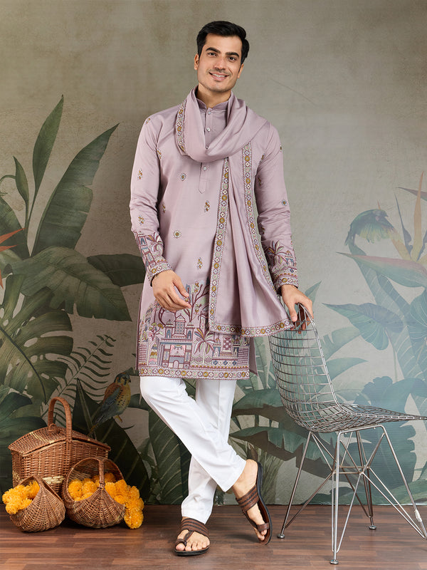 Dusty Pink Viscose Silk Embroidered Wedding Kurta for Men