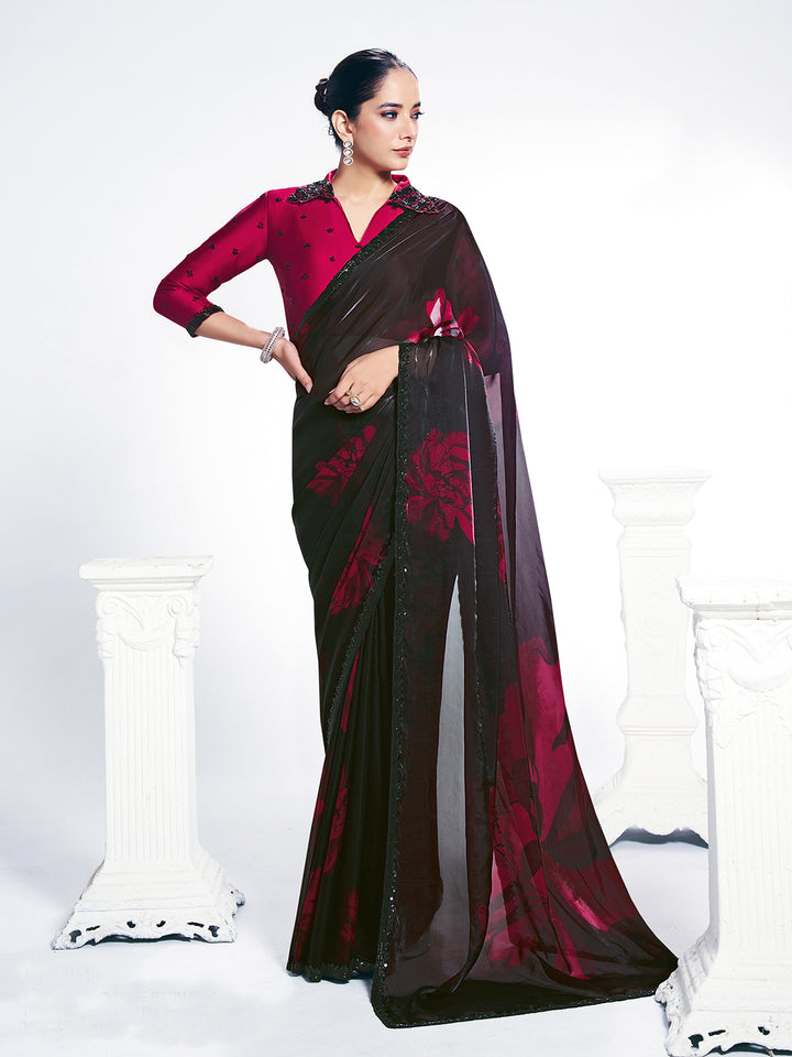 Black Two-Tone Satin Silk Saree with Beads Embroidery and Digital Floral Print, Paired with Rani Satin Silk Blouse