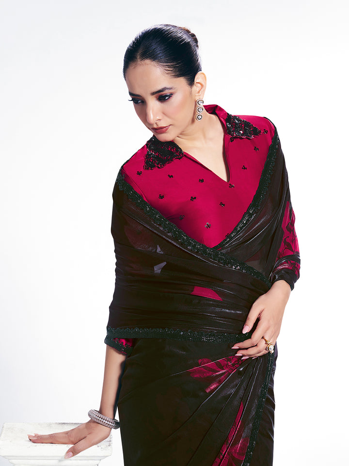 Black Two-Tone Satin Silk Saree with Beads Embroidery and Digital Floral Print, Paired with Rani Satin Silk Blouse