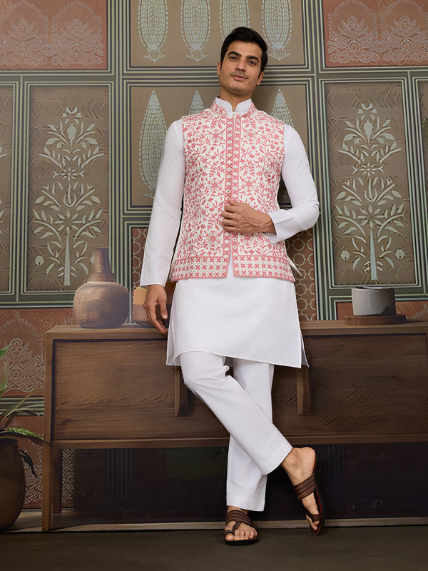 White Silk Kurta Set with Pink Koti – Mirror Work & Thread Sequin Embroidery for Men’s Occasion Wear