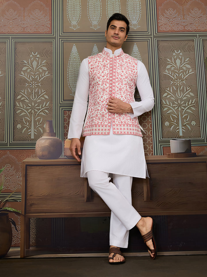 White Silk Kurta Set with Pink Koti – Mirror Work & Thread Sequin Embroidery for Men’s Occasion Wear