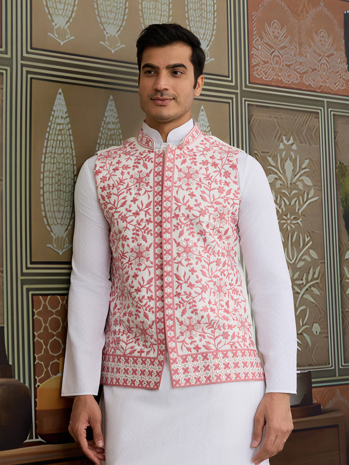 White Silk Kurta Set with Pink Koti – Mirror Work & Thread Sequin Embroidery for Men’s Occasion Wear