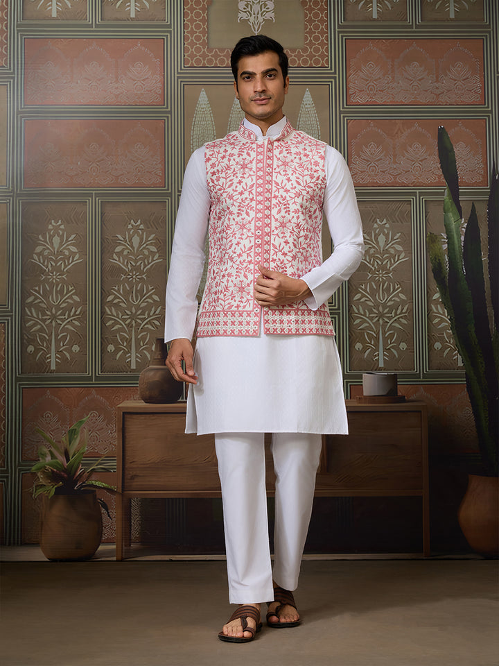 White Silk Kurta Set with Pink Koti – Mirror Work & Thread Sequin Embroidery for Men’s Occasion Wear