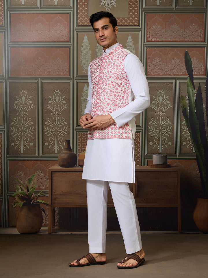 White Silk Kurta Set with Pink Koti – Mirror Work & Thread Sequin Embroidery for Men’s Occasion Wear
