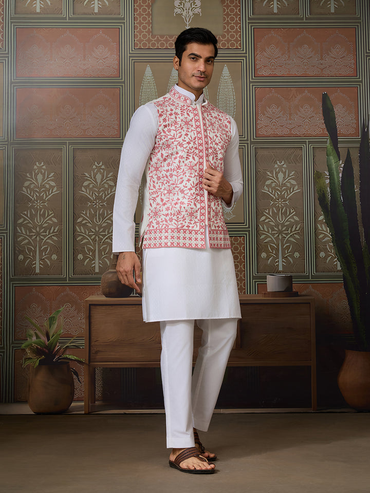 White Silk Kurta Set with Pink Koti – Mirror Work & Thread Sequin Embroidery for Men’s Occasion Wear