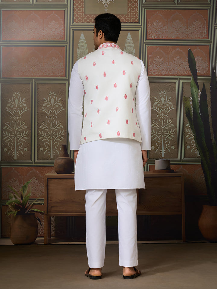White Silk Kurta Set with Pink Koti – Mirror Work & Thread Sequin Embroidery for Men’s Occasion Wear