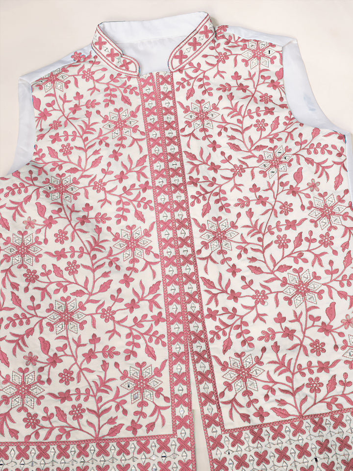 White Silk Kurta Set with Pink Koti – Mirror Work & Thread Sequin Embroidery for Men’s Occasion Wear
