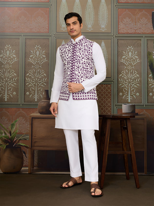 White Silk Kurta Set with Purple Koti – Men’s Occasion Wear with Mirror, Thread & Sequin Embroidery