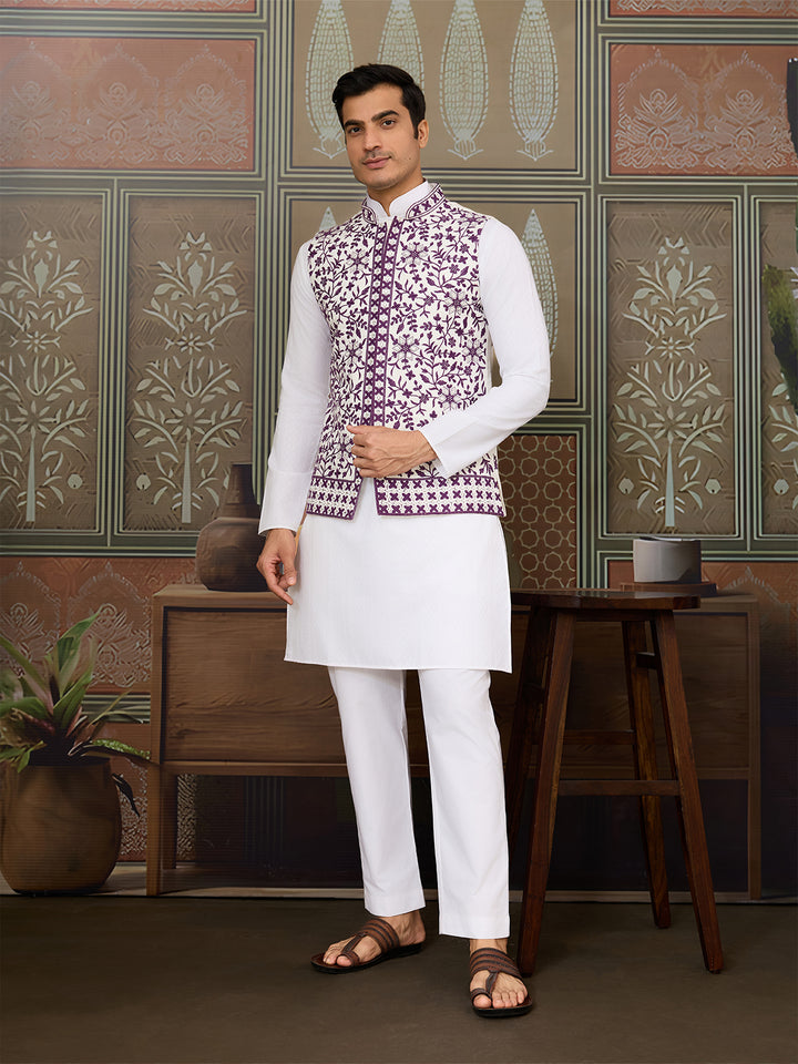 White Silk Kurta Set with Purple Koti – Men’s Occasion Wear with Mirror, Thread & Sequin Embroidery