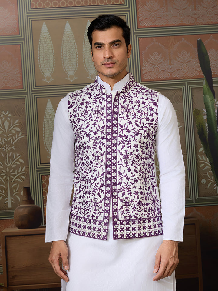 White Silk Kurta Set with Purple Koti – Men’s Occasion Wear with Mirror, Thread & Sequin Embroidery