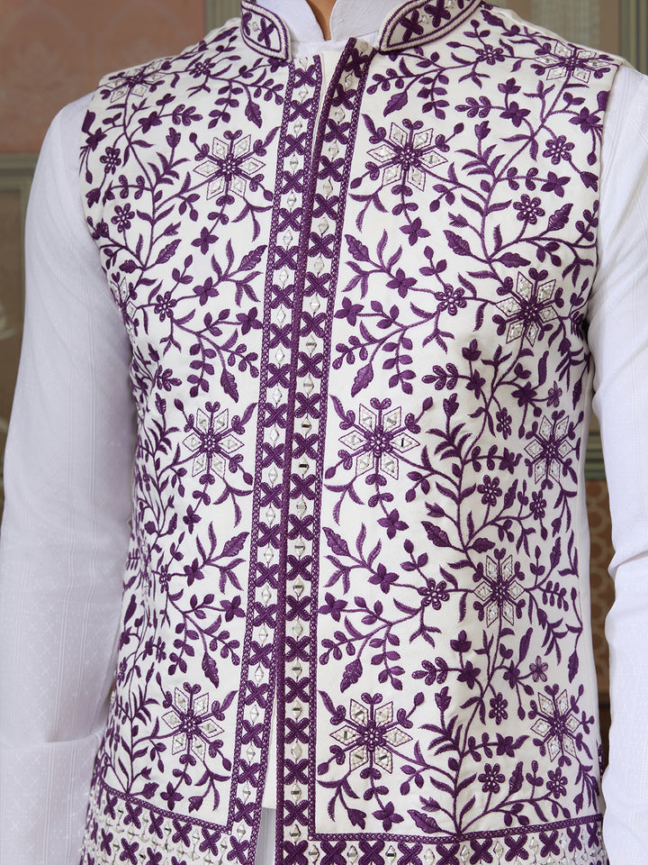 White Silk Kurta Set with Purple Koti – Men’s Occasion Wear with Mirror, Thread & Sequin Embroidery