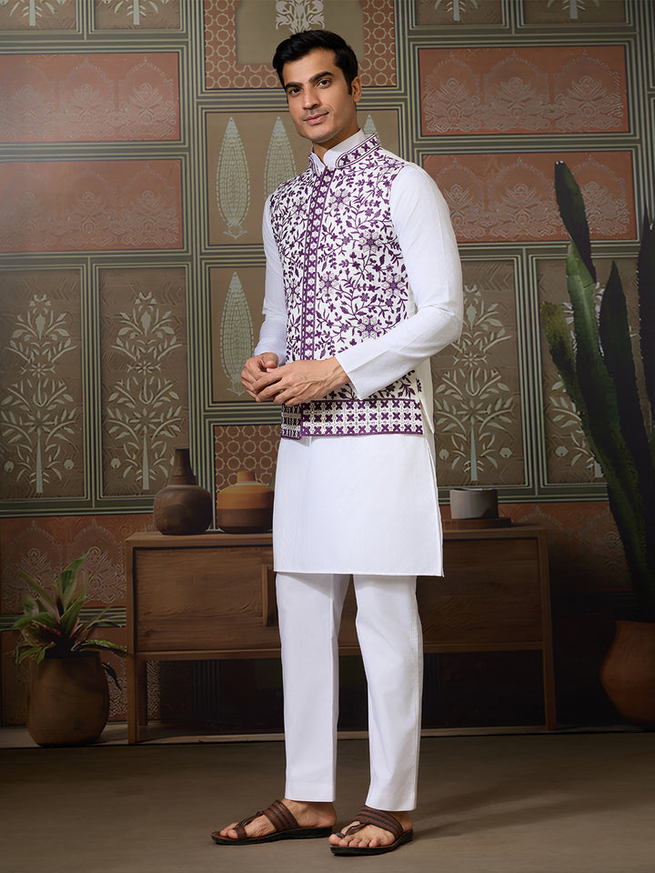 White Silk Kurta Set with Purple Koti – Men’s Occasion Wear with Mirror, Thread & Sequin Embroidery