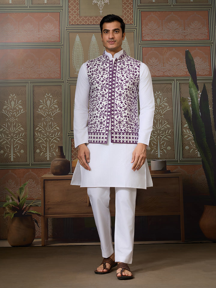 White Silk Kurta Set with Purple Koti – Men’s Occasion Wear with Mirror, Thread & Sequin Embroidery