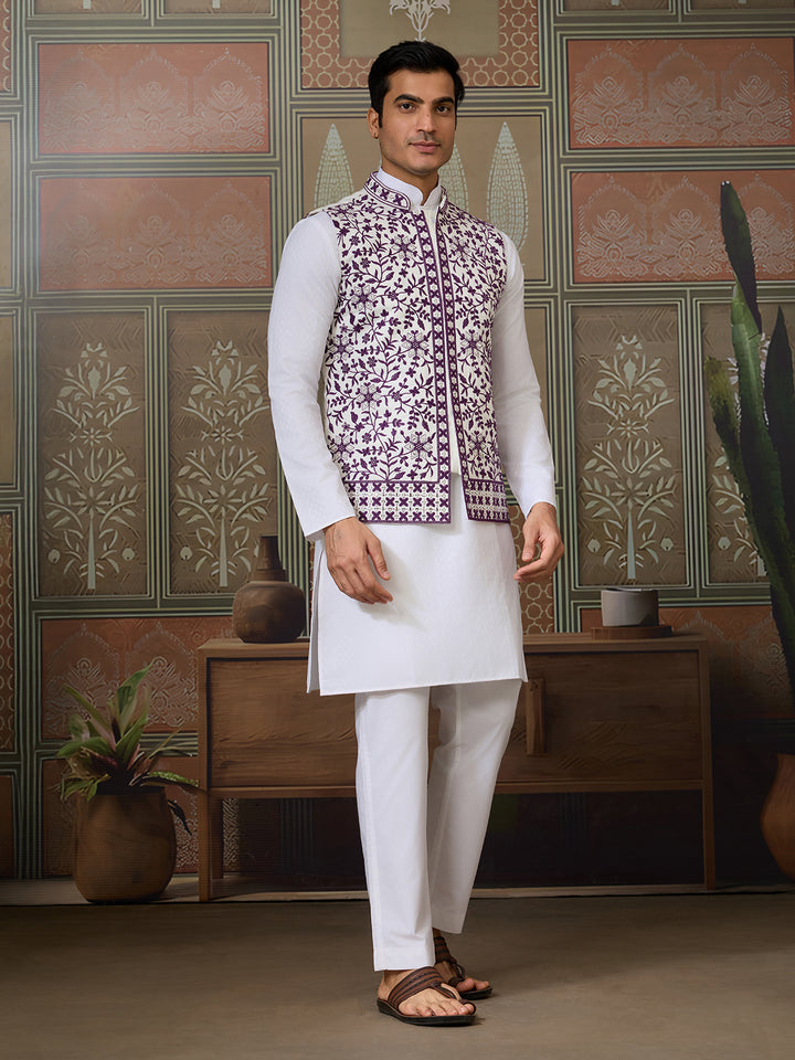 White Silk Kurta Set with Purple Koti – Men’s Occasion Wear with Mirror, Thread & Sequin Embroidery