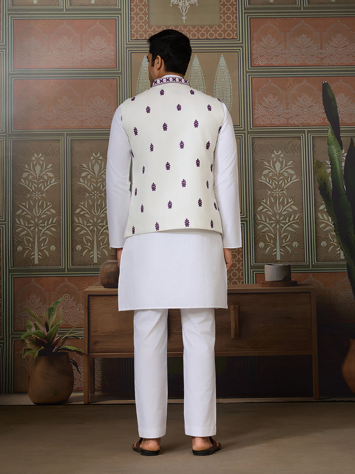 White Silk Kurta Set with Purple Koti – Men’s Occasion Wear with Mirror, Thread & Sequin Embroidery
