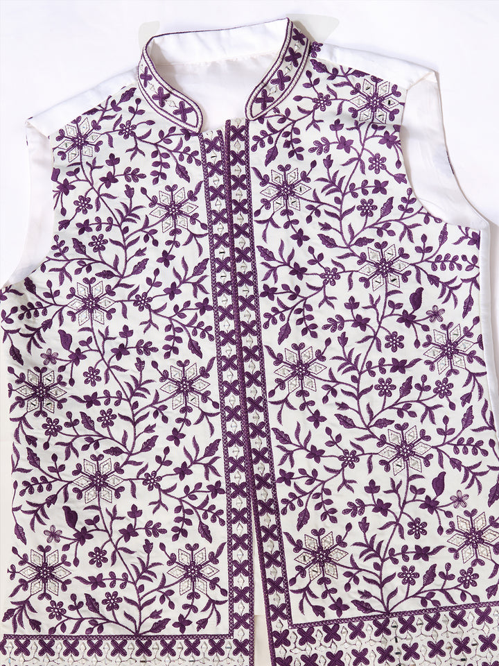 White Silk Kurta Set with Purple Koti – Men’s Occasion Wear with Mirror, Thread & Sequin Embroidery