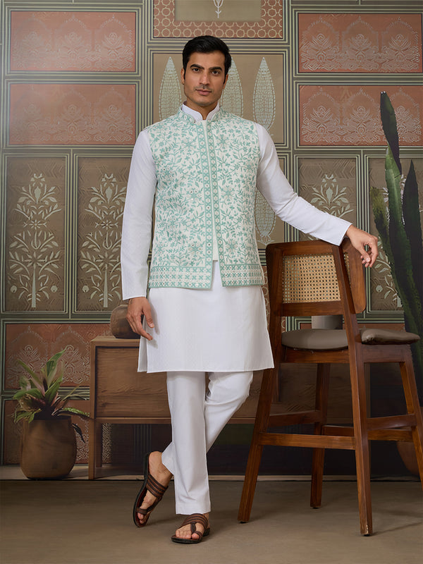 White Silk Kurta with Green Koti – Mirror, Thread & Sequin Embroidered Festive Wear Set for Men