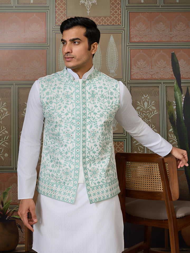 White Silk Kurta with Green Koti – Mirror, Thread & Sequin Embroidered Festive Wear Set for Men