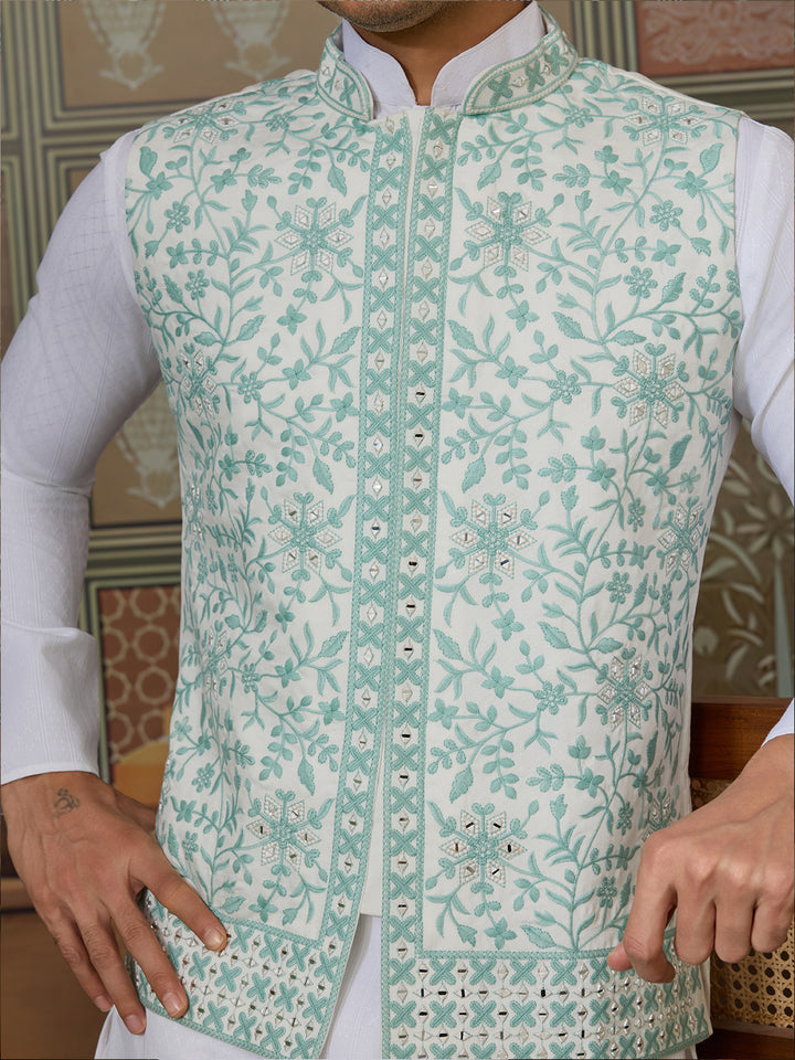 White Silk Kurta with Green Koti – Mirror, Thread & Sequin Embroidered Festive Wear Set for Men