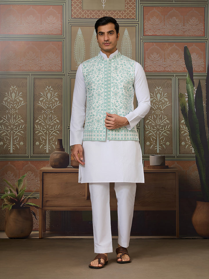 White Silk Kurta with Green Koti – Mirror, Thread & Sequin Embroidered Festive Wear Set for Men
