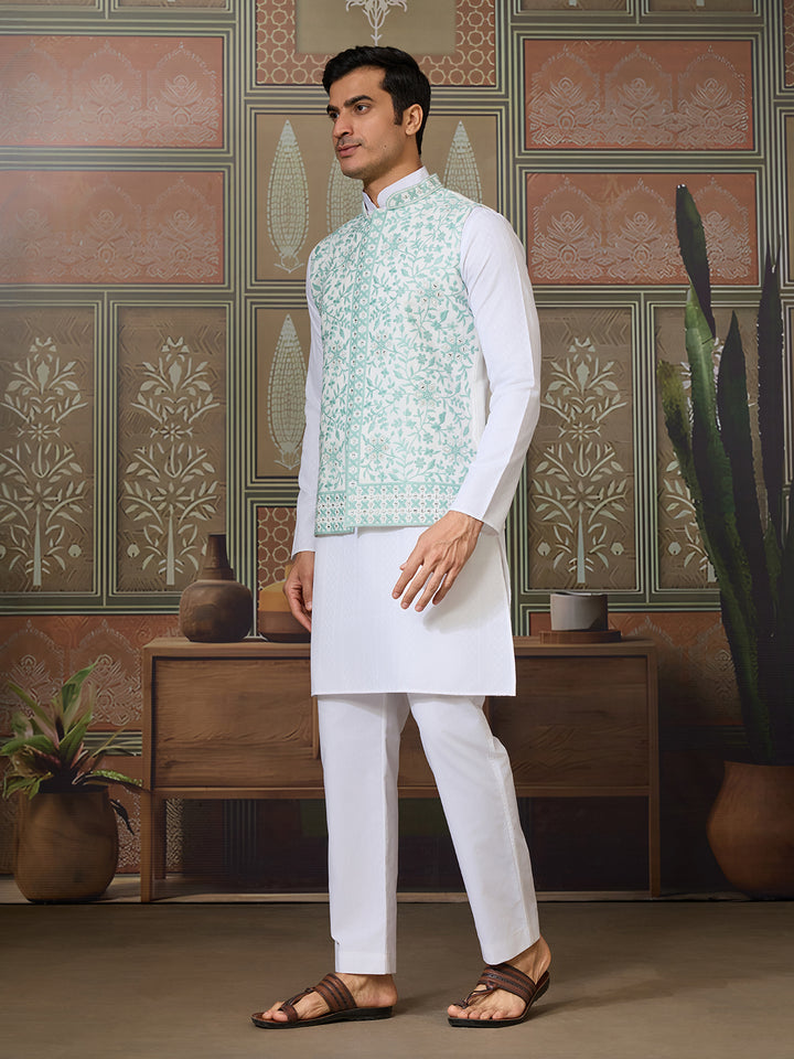 White Silk Kurta with Green Koti – Mirror, Thread & Sequin Embroidered Festive Wear Set for Men