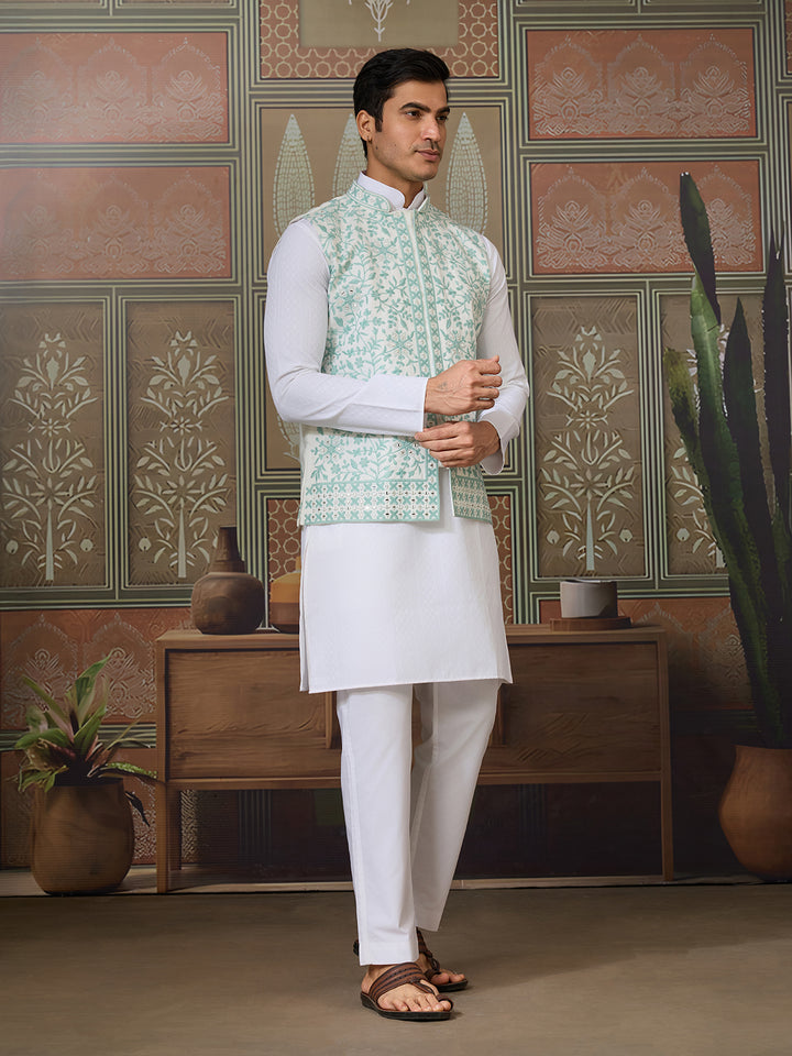 White Silk Kurta with Green Koti – Mirror, Thread & Sequin Embroidered Festive Wear Set for Men