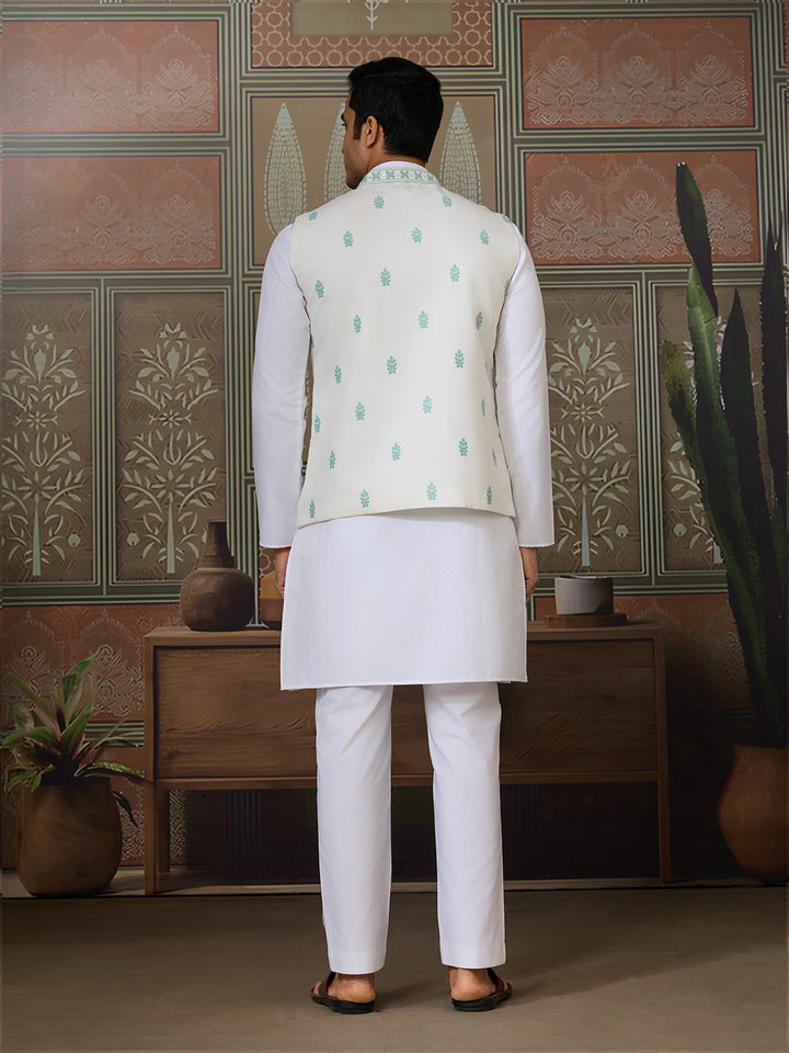 White Silk Kurta with Green Koti – Mirror, Thread & Sequin Embroidered Festive Wear Set for Men