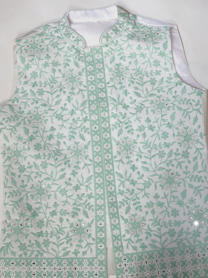 White Silk Kurta with Green Koti – Mirror, Thread & Sequin Embroidered Festive Wear Set for Men