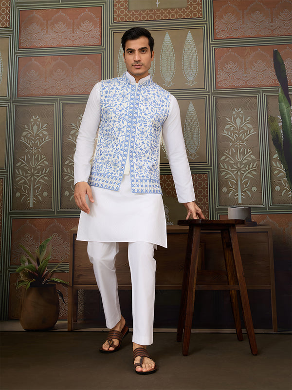 White Silk Kurta Set with Blue Koti – Men’s Occasion Wear with Mirror, Thread & Sequence Embroidery