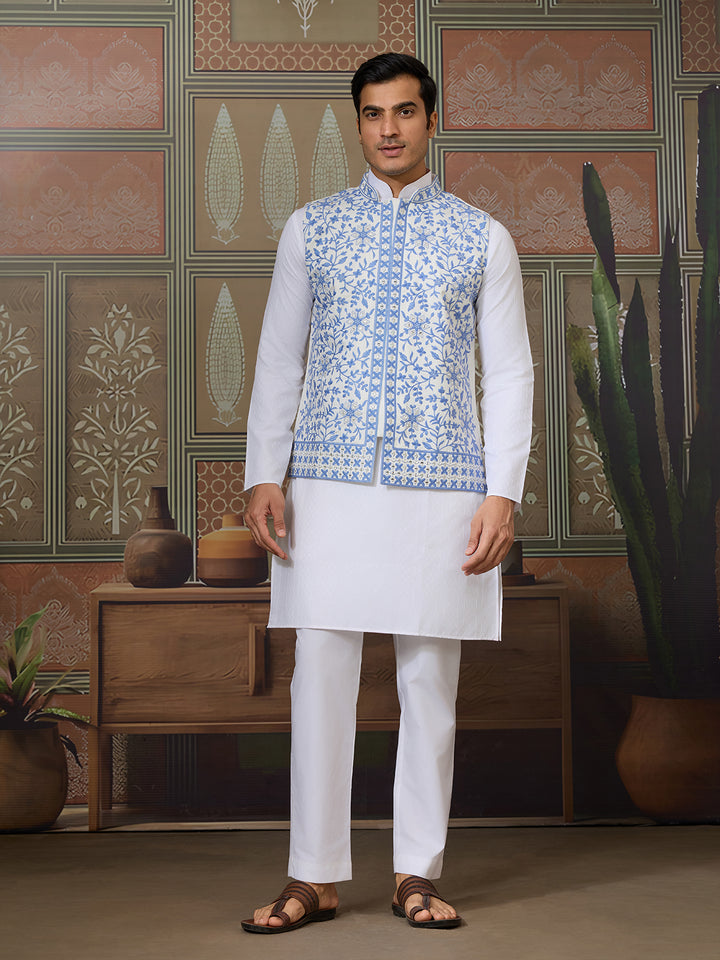 White Silk Kurta Set with Blue Koti – Men’s Occasion Wear with Mirror, Thread & Sequence Embroidery