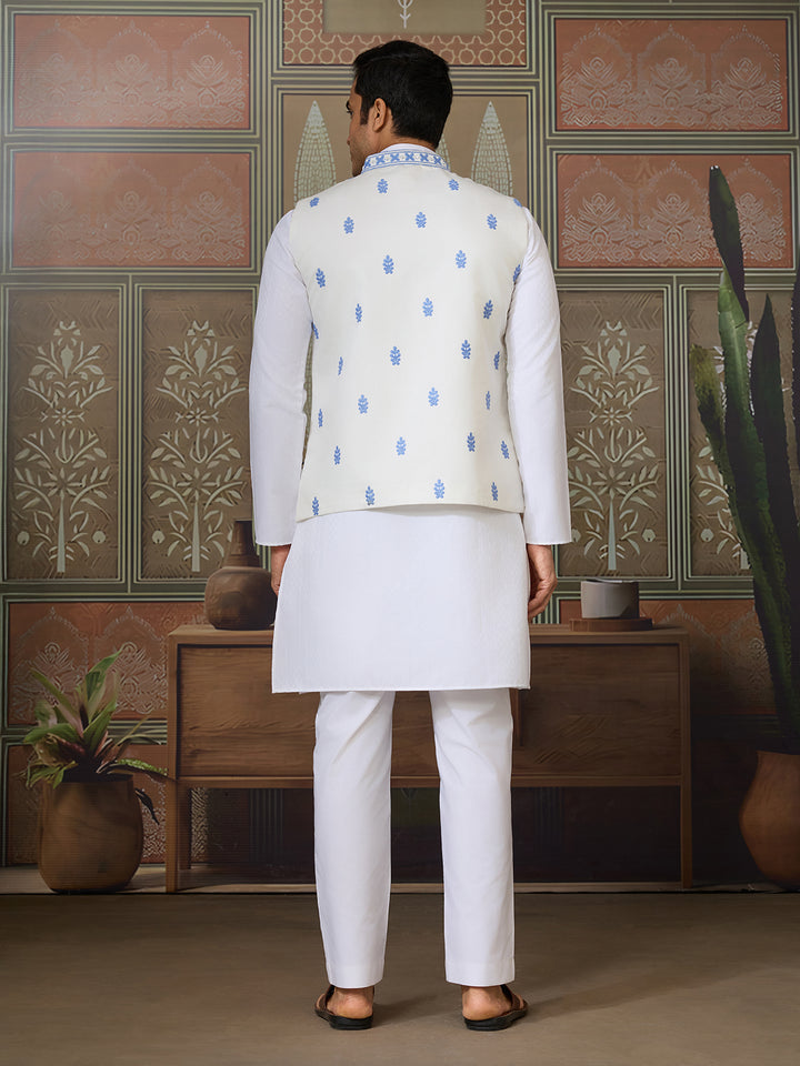 White Silk Kurta Set with Blue Koti – Men’s Occasion Wear with Mirror, Thread & Sequence Embroidery