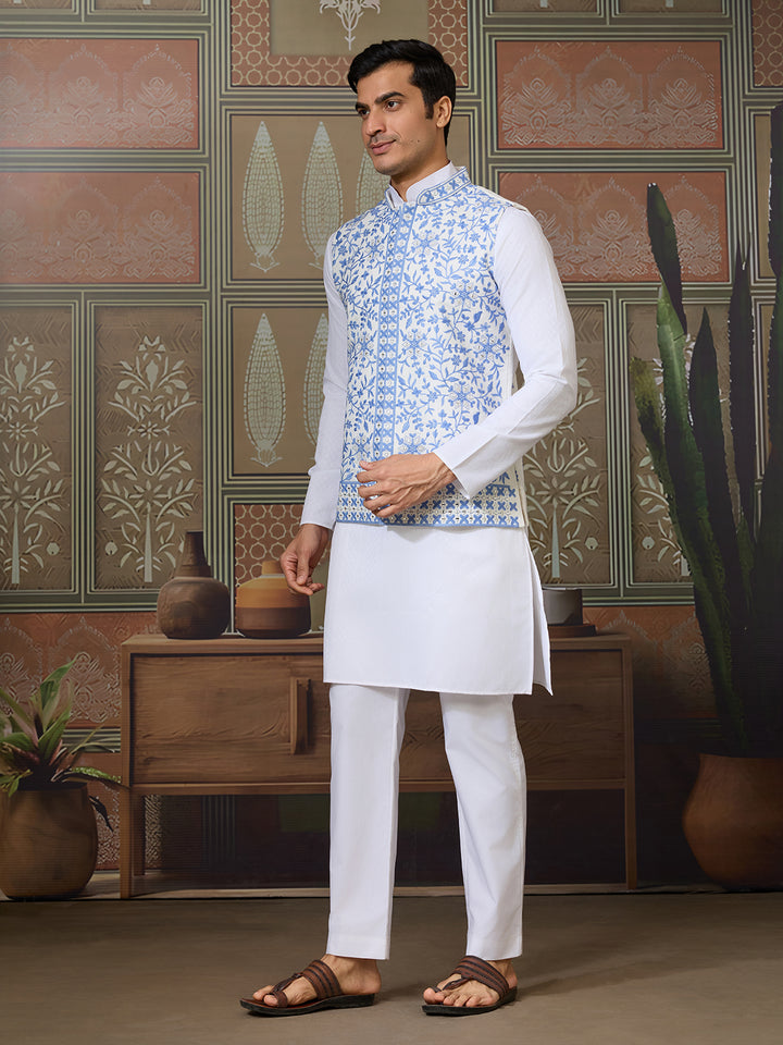 White Silk Kurta Set with Blue Koti – Men’s Occasion Wear with Mirror, Thread & Sequence Embroidery