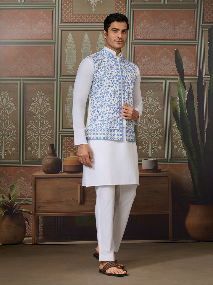 White Silk Kurta Set with Blue Koti – Men’s Occasion Wear with Mirror, Thread & Sequence Embroidery