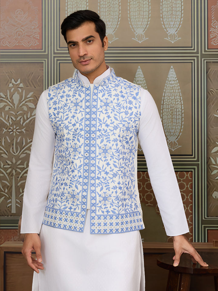 White Silk Kurta Set with Blue Koti – Men’s Occasion Wear with Mirror, Thread & Sequence Embroidery