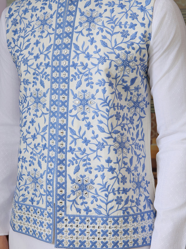White Silk Kurta Set with Blue Koti – Men’s Occasion Wear with Mirror, Thread & Sequence Embroidery