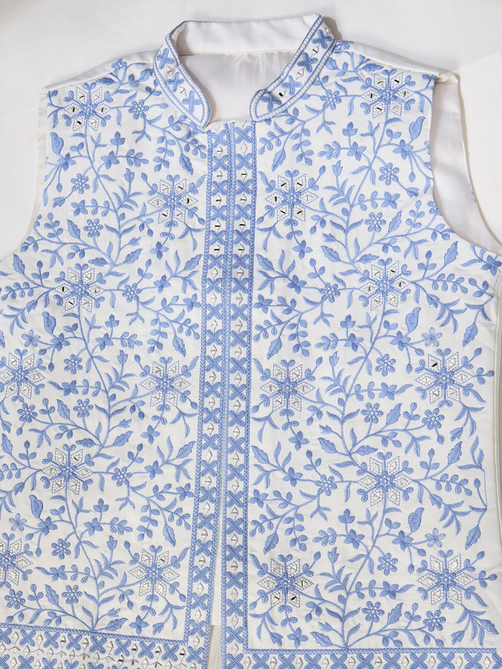 White Silk Kurta Set with Blue Koti – Men’s Occasion Wear with Mirror, Thread & Sequence Embroidery