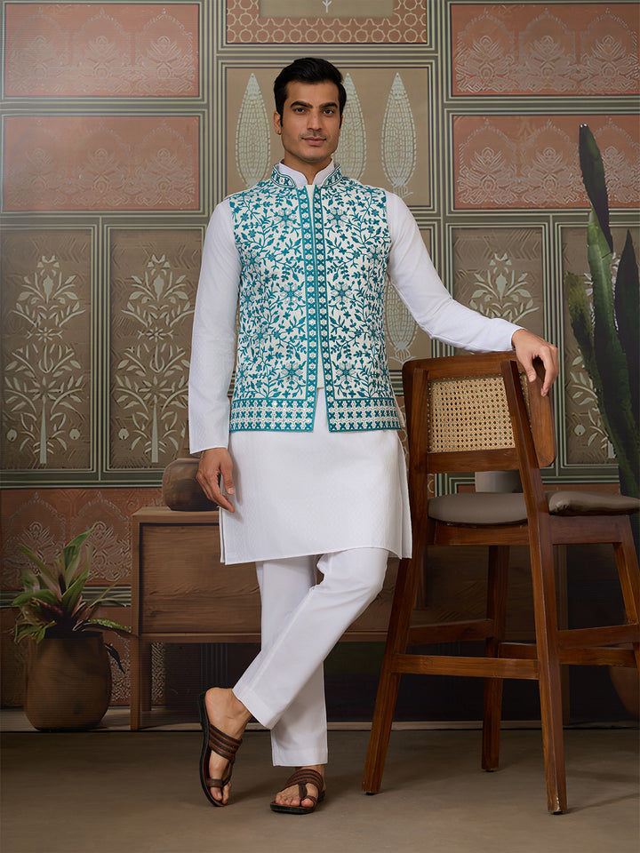 Teal Green Silk Koti with Mirror Work & White Kurta Set – Men’s Embroidered Occasion Wear