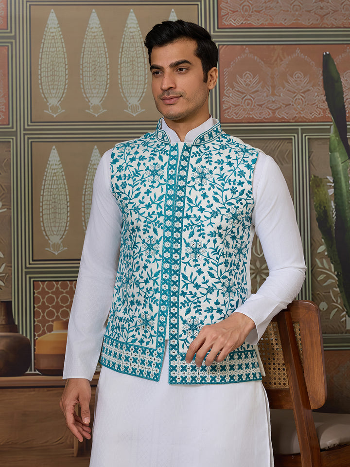 Teal Green Silk Koti with Mirror Work & White Kurta Set – Men’s Embroidered Occasion Wear
