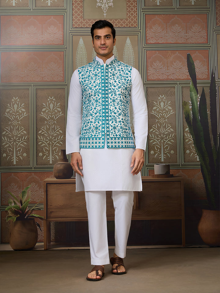 Teal Green Silk Koti with Mirror Work & White Kurta Set – Men’s Embroidered Occasion Wear