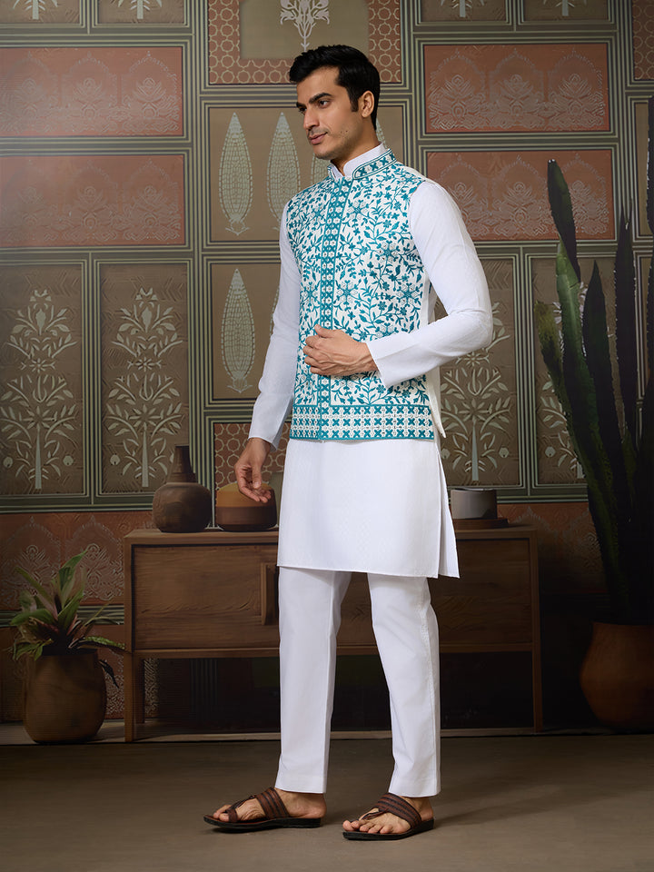 Teal Green Silk Koti with Mirror Work & White Kurta Set – Men’s Embroidered Occasion Wear