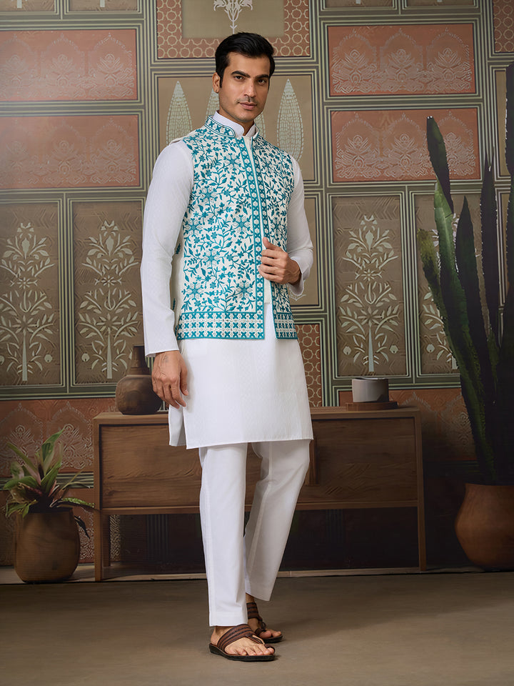 Teal Green Silk Koti with Mirror Work & White Kurta Set – Men’s Embroidered Occasion Wear
