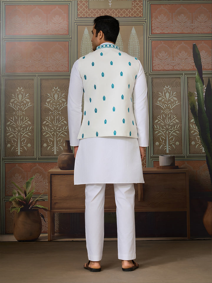 Teal Green Silk Koti with Mirror Work & White Kurta Set – Men’s Embroidered Occasion Wear