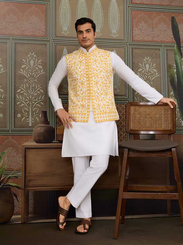Yellow Silk Koti with Mirror & Thread Sequin Embroidery over White Kurta Set – Men’s Occasion Wear