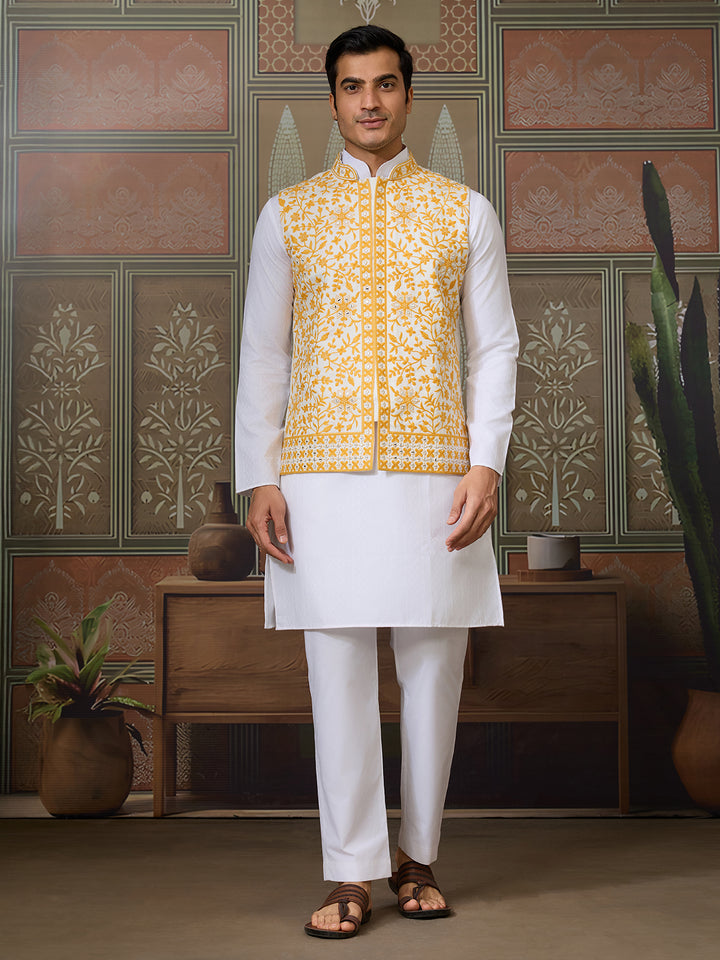 Yellow Silk Koti with Mirror & Thread Sequin Embroidery over White Kurta Set – Men’s Occasion Wear