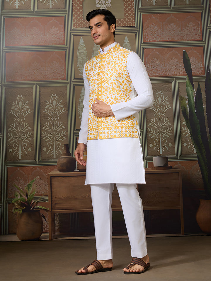 Yellow Silk Koti with Mirror & Thread Sequin Embroidery over White Kurta Set – Men’s Occasion Wear