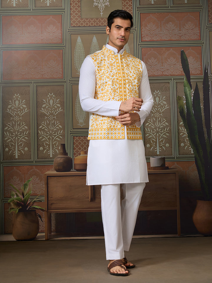 Yellow Silk Koti with Mirror & Thread Sequin Embroidery over White Kurta Set – Men’s Occasion Wear