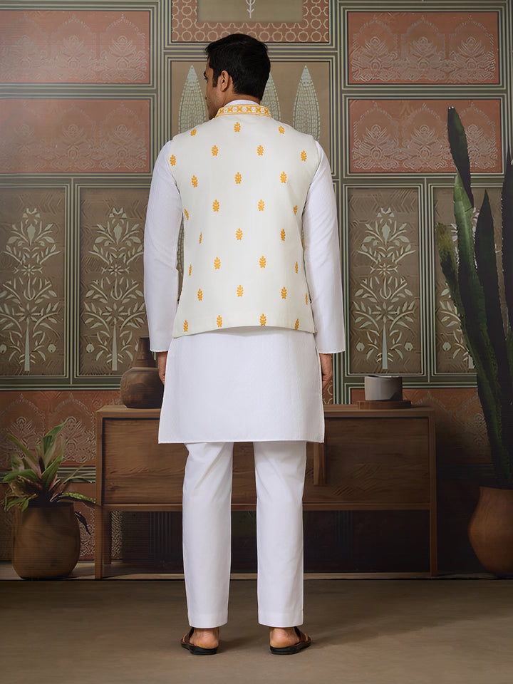 Yellow Silk Koti with Mirror & Thread Sequin Embroidery over White Kurta Set – Men’s Occasion Wear