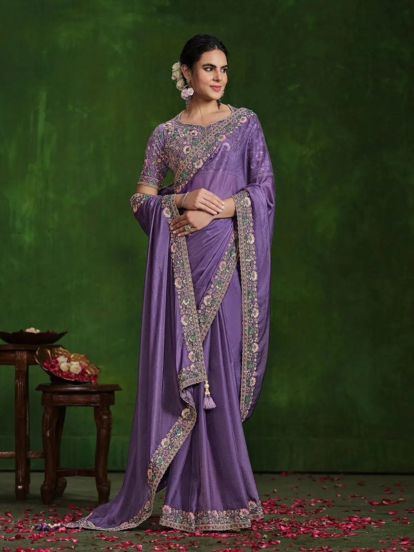 Lavender Georgette Silk Saree with Sequin & Embroidered Work For Occasion